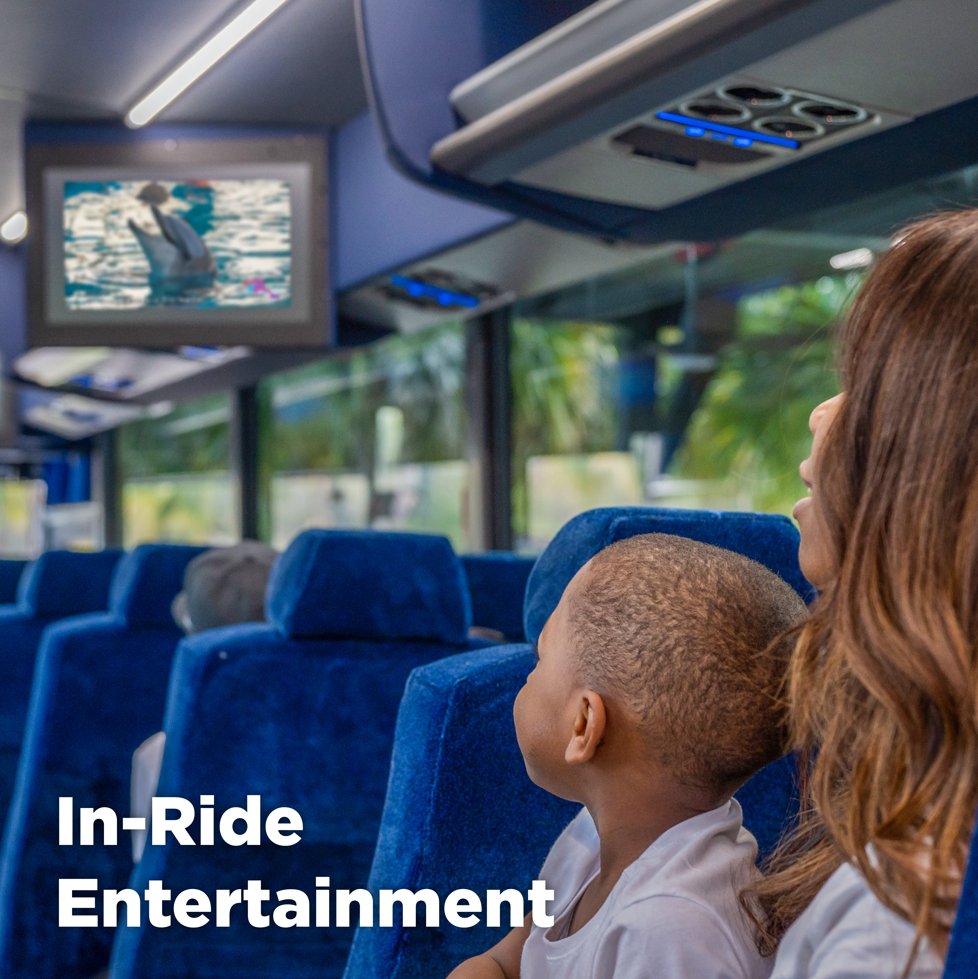 A mother and her small son watch a video about dolphins aboard a comfortable Mears Connect Motorcoach